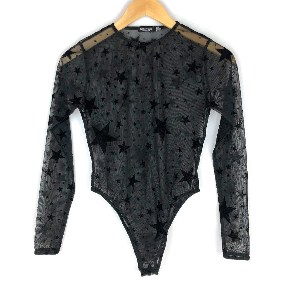 Nasty Gal Black Star Mesh Long-Sleeve Bodysuit